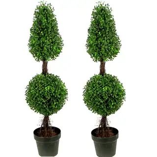 Artificial Double Ball Boxwood 3' Topiary Plant Tree in Pot (Set of 2) - Black - Pot - Round Tape... | Bed Bath & Beyond