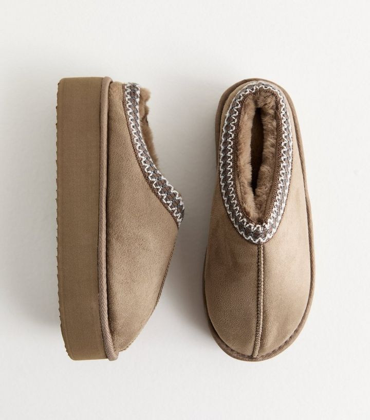Camel Woven Trim Faux Fur Lined Slippers | New Look | New Look (UK)