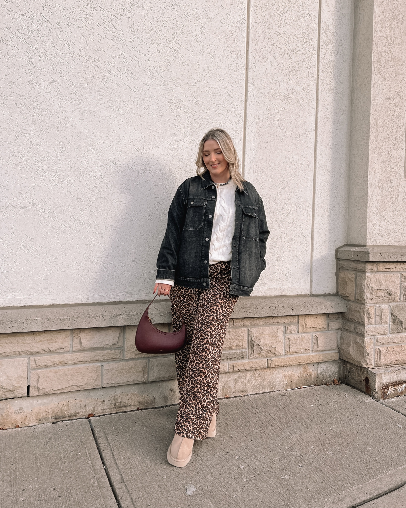 Cozy OOTD on Cyber Monday Sale - my leopard print pants and cable knit sweater are both 40% off! Wearing my usual size L in both. My black denim jacket is from the Walmart men’s section, wearing XL. Ugg tazz fit TTS. Burgundy shoulder bag is an Amazon find!


#LTKsale #LTKmidsize #LTKstyletip
