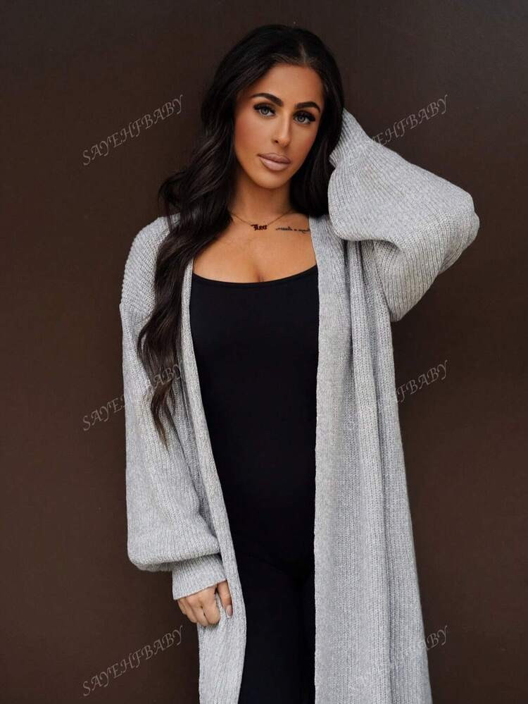 SAYEHFBABY Women's Solid Grey Drop Shoulder Long Sleeve Loose Long Casual Warm Long Cardigan Swea... | SHEIN