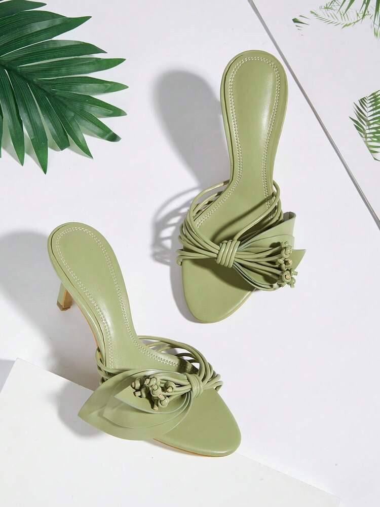 Spring/Summer Elegant Minimalist Pointed Toe Green Floral Decor Stiletto High Heel Sandals | SHEIN