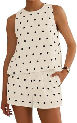 Ythomm Womens Polka Dot Two Piece Lounge Sets Summer Sleeveless Tops Drawstring Linen Shorts Matc... | Amazon (US)