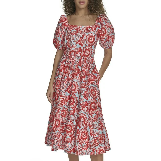 Falling Flowers Women's Cotton Square Neck Puff Sleeve Flounce Tiered Midi Dress, Sizes XS-XL - W... | Walmart (US)