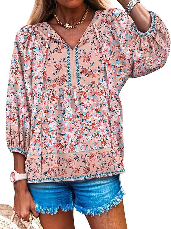 Caracilia Womens 3/4 Sleeve Blouse V Neck Boho Dress Tops Flowy Casual Dressy Shirts Beach Vacati... | Amazon (US)