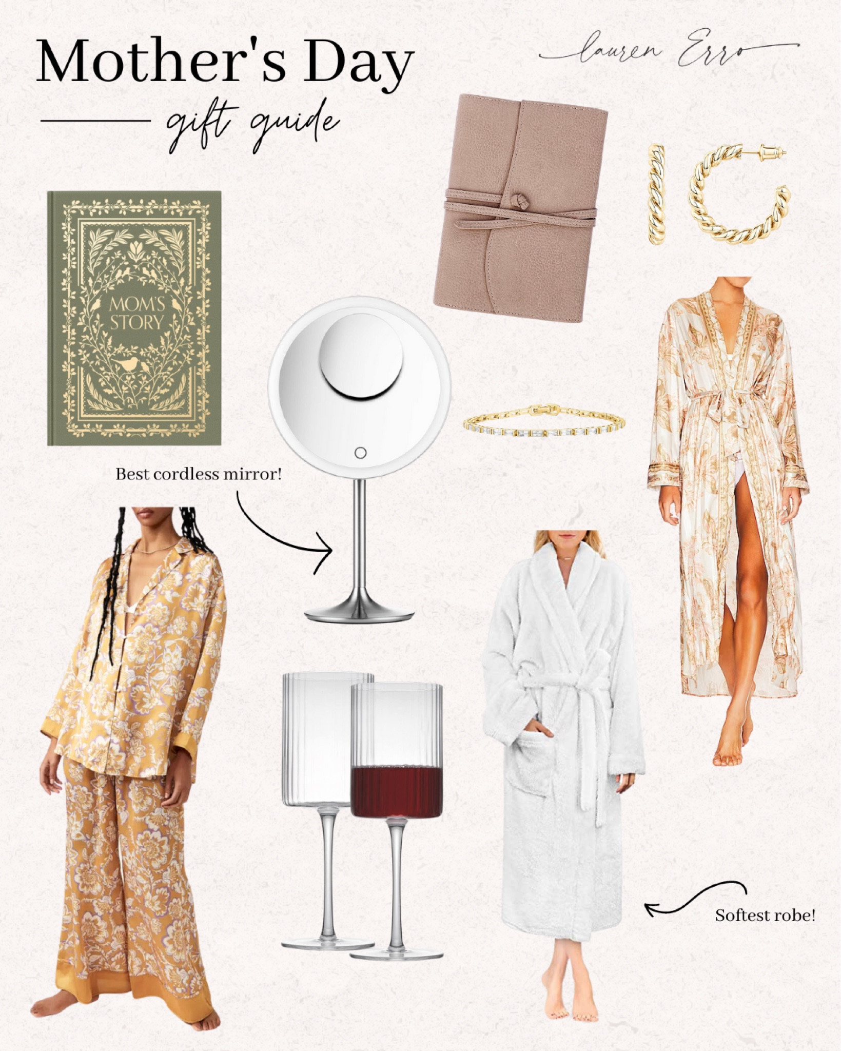 Mother’s Day gift guide. 

White soft robe, chic wine glasses, Amazon finds, Amazon beauty, Amazon fashion, Amazon home, Amazon jewelry, leather journal, magnifying mirror, silky robe, satin pajamas, moms story