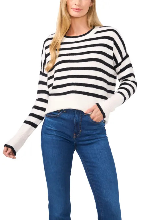CeCe Stripe Boxy Crewneck Sweater in Antique White at Nordstrom, Size Small | Nordstrom