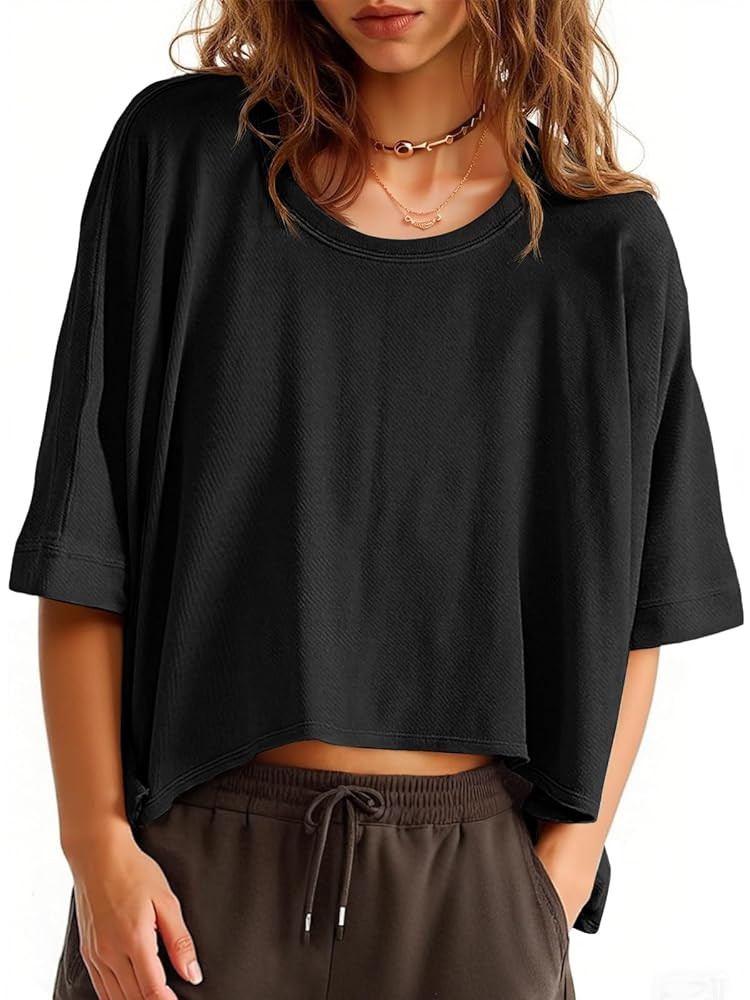 Tankaneo Womens Oversized T-Shirts Cropped Summer Casual Short Sleeve Loose Fit Tee Tops | Amazon (US)