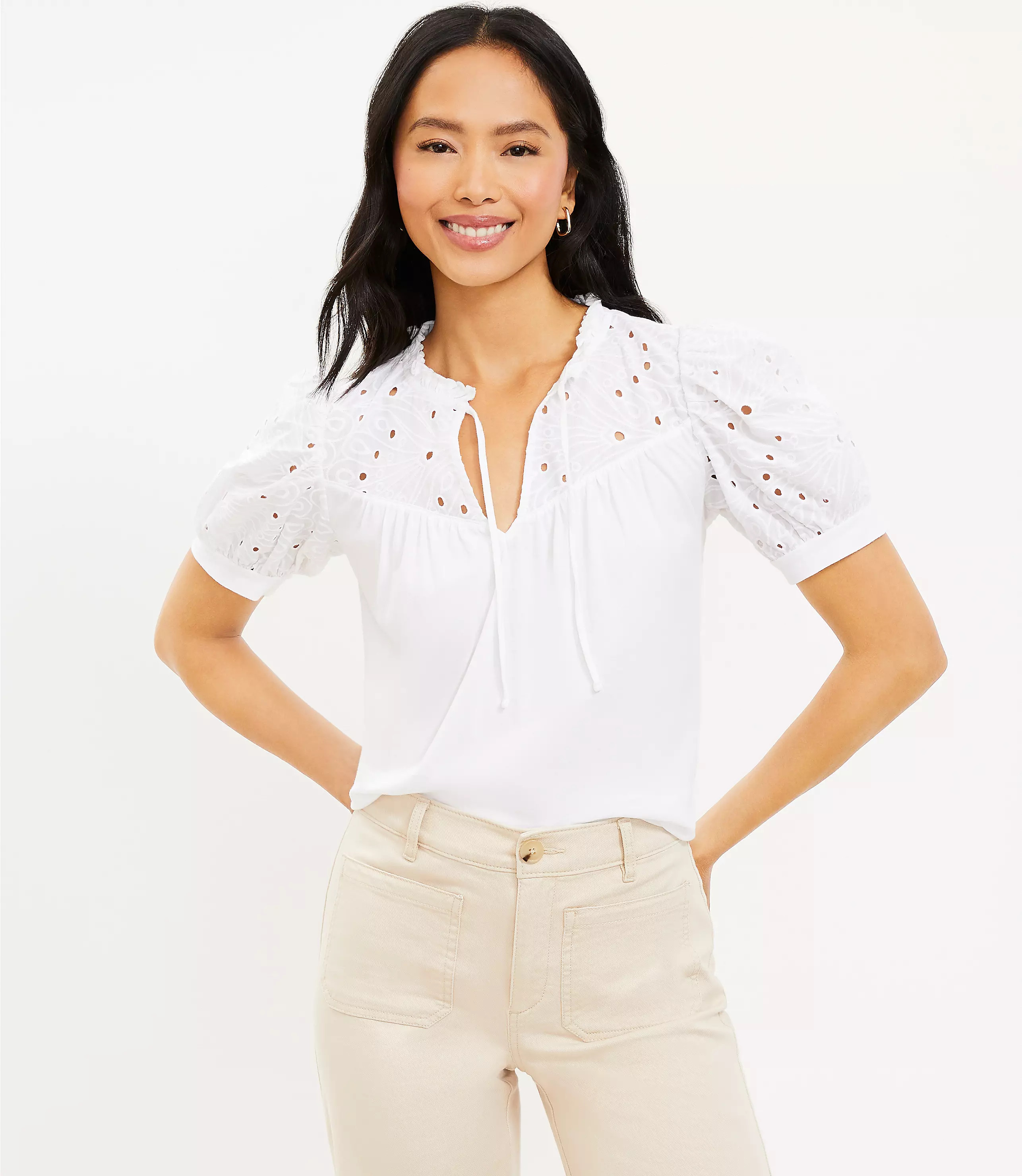 Petite Eyelet Tie Neck Puff Sleeve Mixed Media Top | LOFT