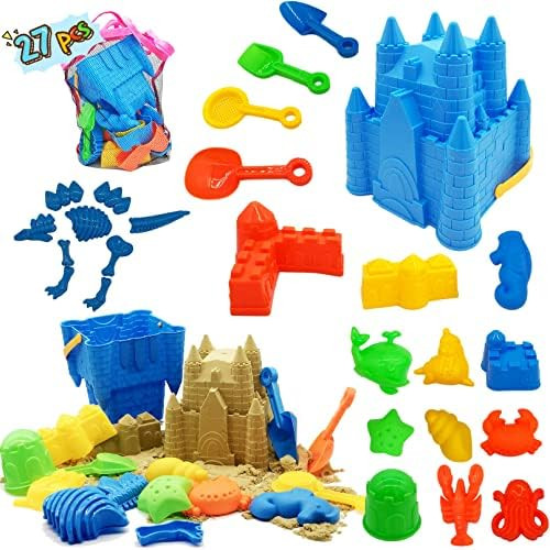 Amazon.com: Kids Beach Sand Toys Set, 27pcs Beach Toys Castle Molds Sand Molds, Beach Bucket, Bea... | Amazon (US)