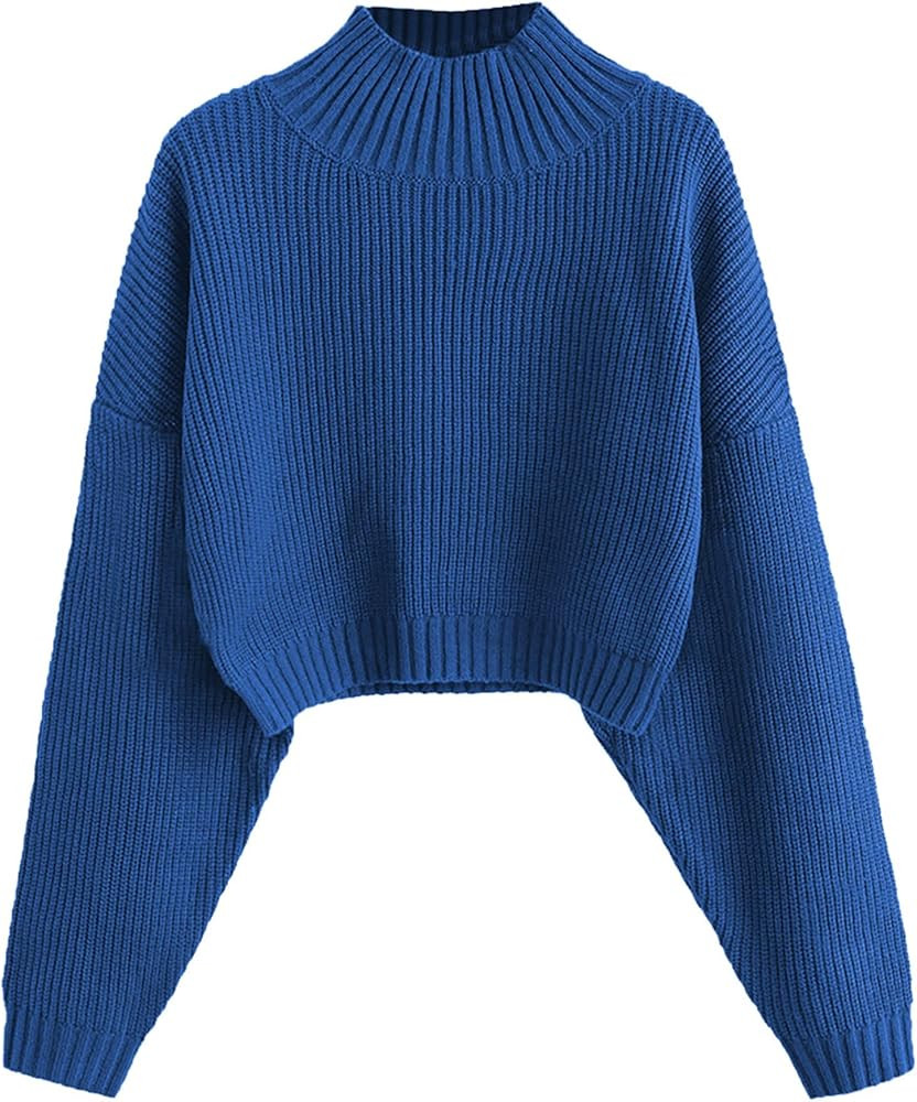 ZAFUL Women's Cropped Turtleneck Sweater Lantern Sleeve Ribbed Knit Pullover Sweater Jumper | Amazon (US)