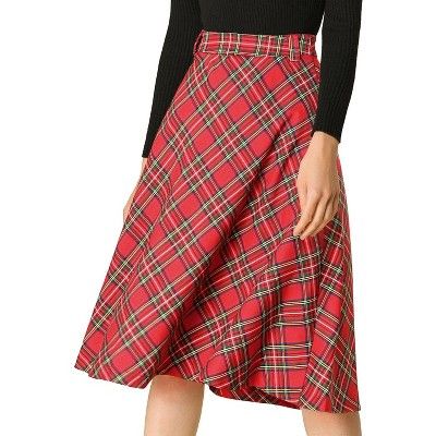 Allegra K Women's Tartan Plaid High Waist Belted Vintage A-Line Midi Skirt Red X-Large | Target