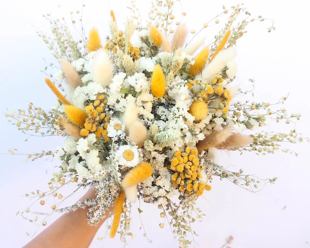 Boho Dried Flower Wedding Bouquet – Neutral Bridal Bouquet With German Statice, Daisy & Bunny T... | Etsy (US)