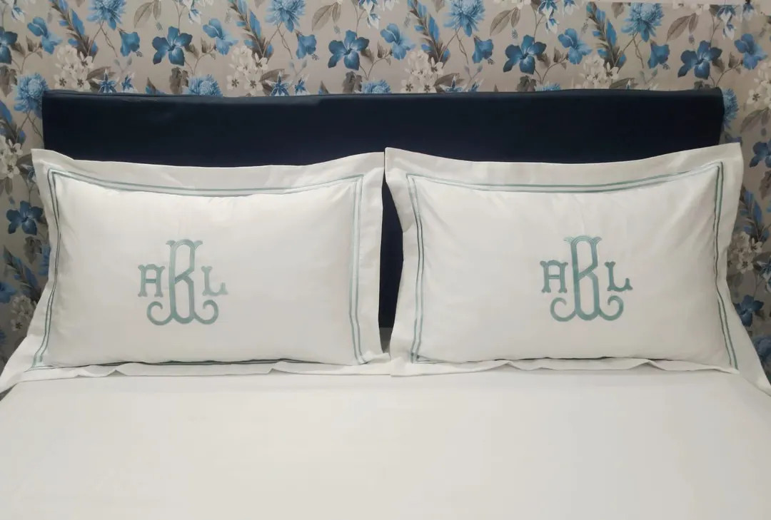 Personalized Monogram Double Embroidery Pillow Sham Set, 400 Thread Count Cotton Sateen - Etsy | Etsy (US)