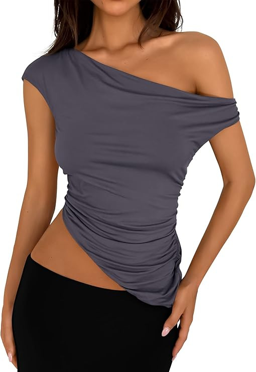 PRETTYGARDEN Womens Off The Shoulder Y2K Tops 2026 Summer Sleeveless Asymmetrical Ruched Going Ou... | Amazon (US)