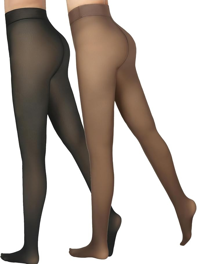 Delcast 2 Pairs Fleece Lined Tights Women，Fake Translucent Thermal Sheer Thick Pantyhose Leggin... | Amazon (US)