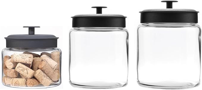 Anchor Hocking Montana Glass Jars with Fresh Seal Lids Canister Set, Black Metal, 3-Piece Set | Amazon (US)