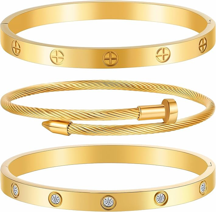 Camhanno Gold Bracelets for Women - Stackable Bangles with Love & Friendship Theme - Stainless St... | Amazon (US)