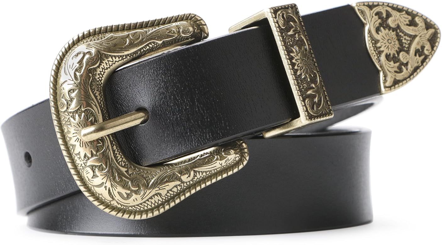 Women Leather Belts Ladies Vintage Western Design Black Waist Belt for Pants Jeans Dresses | Amazon (US)