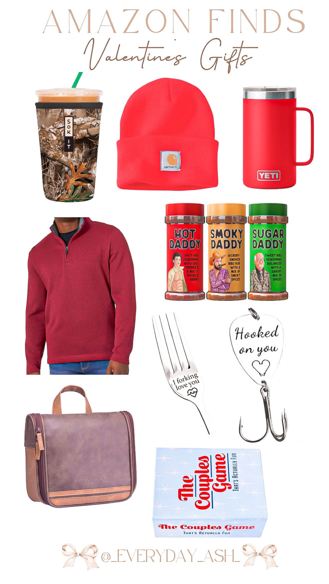 Valentine’s Day - men’s gifts 🎁 

Coffee koozie, camo koozie, red winter hat, carhartt, yeti tumbler, red sweater, grill seasonings, men’s travel bag, men’s toiletry bag, fishing hook, couples games 

#LTKGiftGuide #LTKMens #LTKFindsUnder50