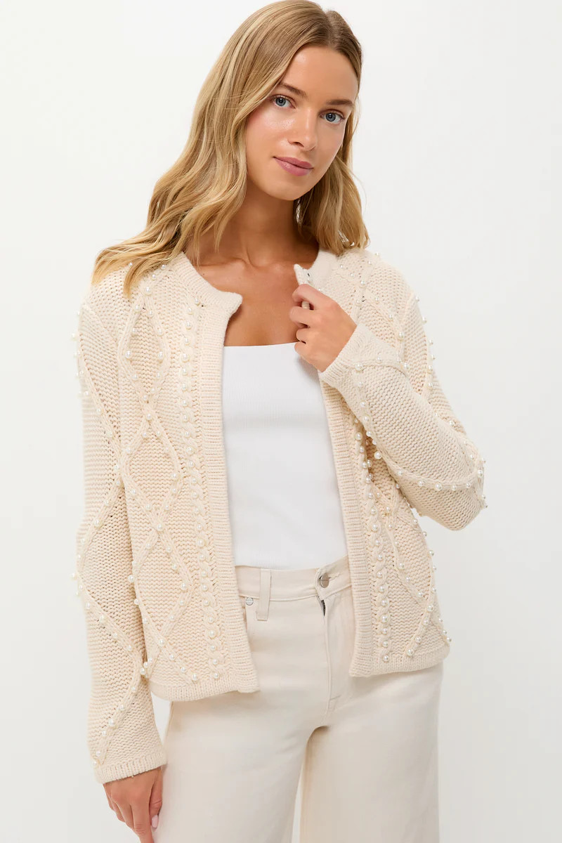Cream Cable Knit Pearl Collins Cardigan | Tuckernuck (US)