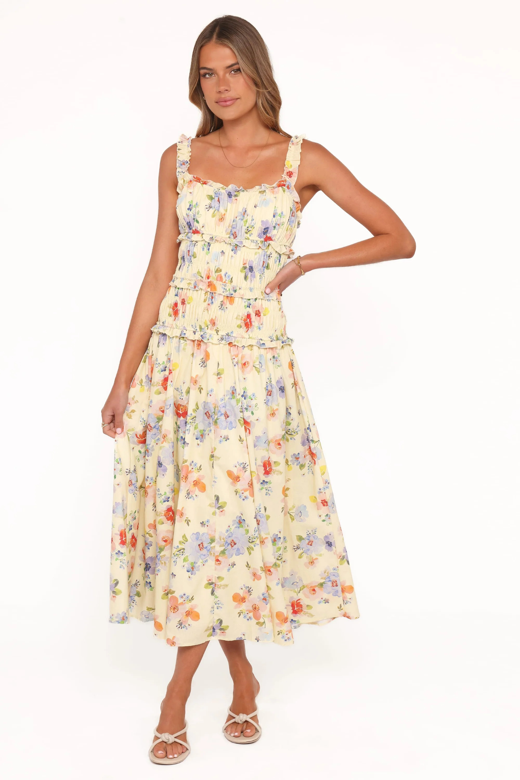 Enola Gather Midi Dress - Yellow Floral | Petal & Pup (US)