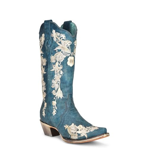 Corral Boots Women's Navy Blue Handcrafted Cowboy Boots | Snip Toe Western Boots with White Floral Embroidery and Crystals Design | Amazon (US)