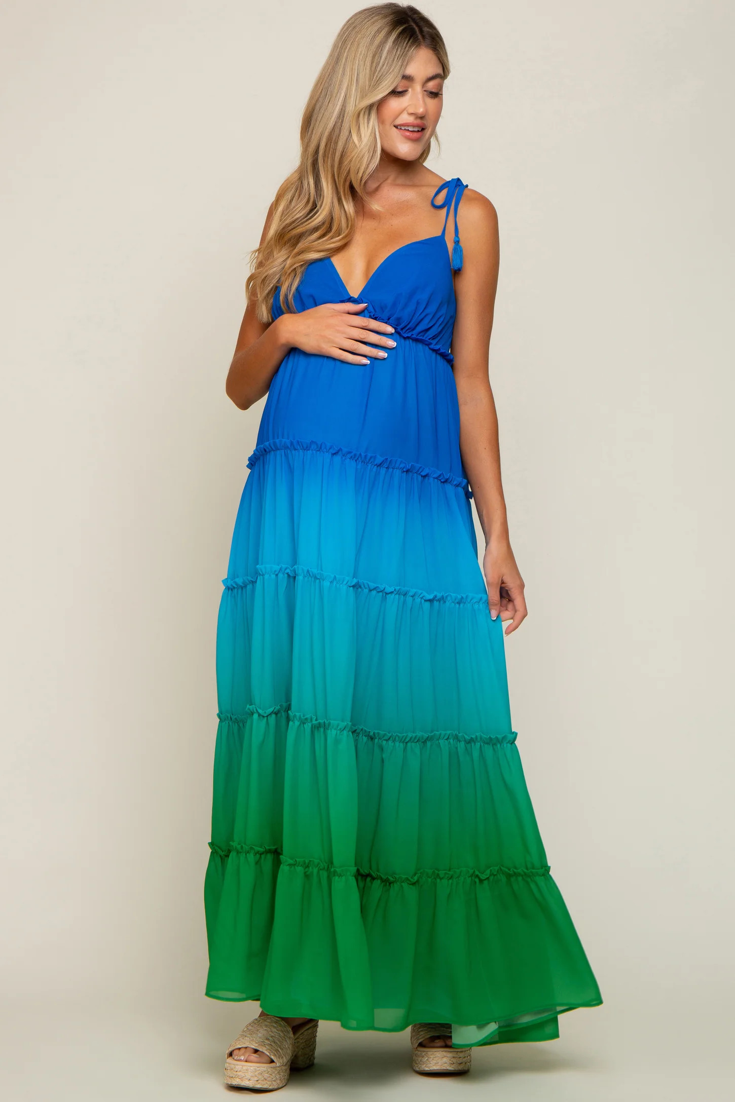 Blue Ombre Chiffon Shoulder Tie Tiered Maternity Maxi Dress | PinkBlush Maternity