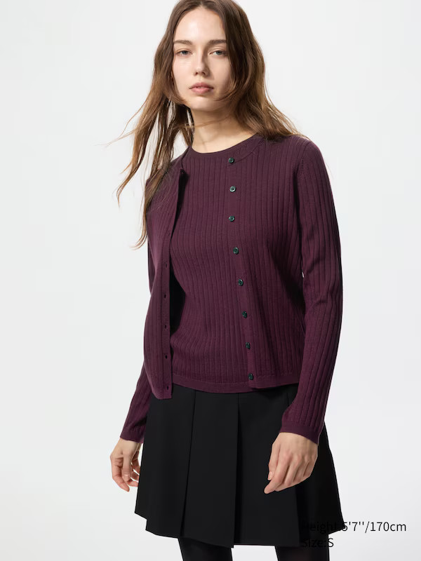 100% Merino Ribbed Crew Neck Short Cardigan | UNIQLO (UK)