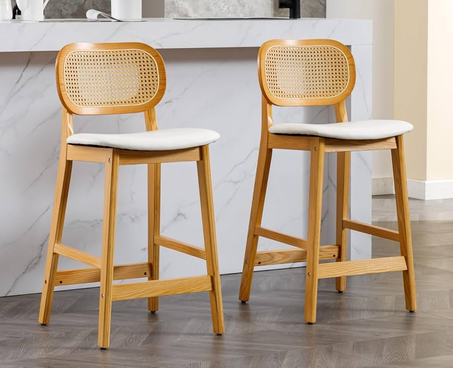 Rattan Counter Height Bar Stools Set of 2 Wood Farmhouse Barstools with Cane Back Faux Leather Ki... | Amazon (US)