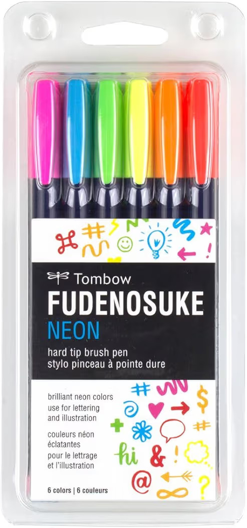 Tombow 56437 Fudenosuke Neon Brush Pen, 6-Pack. Hard Tip Fudenosuke Brush Pens in Assorted Neon C... | Amazon (US)