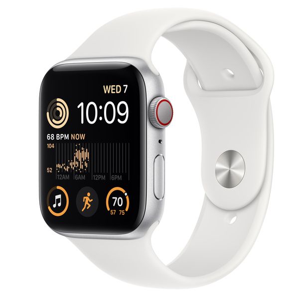 Apple Watch SE GPS + Cellular 44mm Silver Aluminum Case with White Sport Band - M/L | Apple (US)