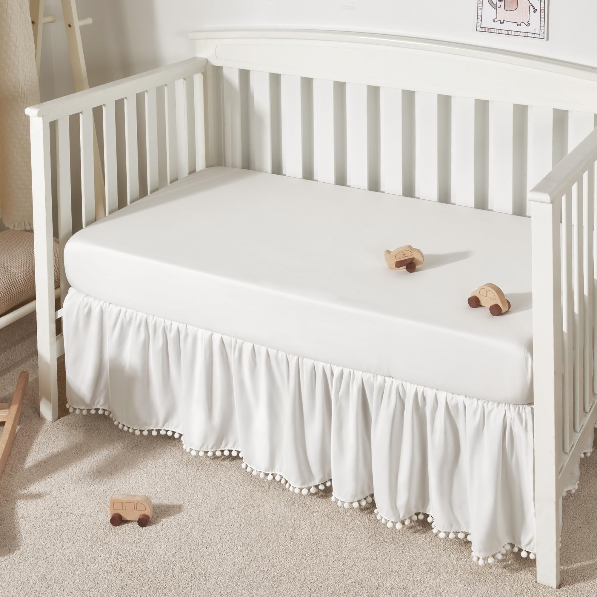 TILLYOU Baby Crib Skirt Girls Boys, Ruffled Bed Skirt with Pompoms, 28”x 52”, 14'' Drop, Whit... | Amazon (US)