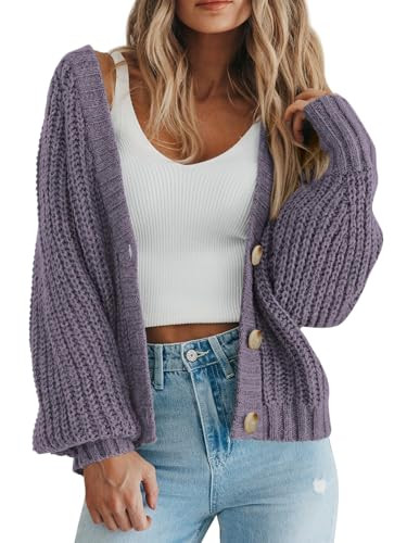 PRETTYGARDEN Womens Open Front Long Sleeve Button Chunky Knit Cardigan Sweater (Grey Purple, Large) | Amazon (US)