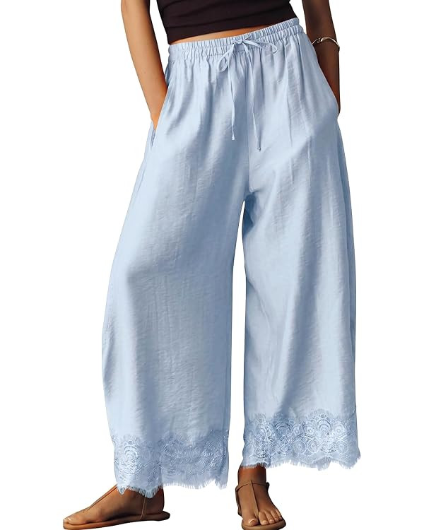 EXLURA Women Cotton Lace Trim Wide Leg Pants Summer Casual Cropped Drawstring Elastic Waist Light... | Amazon (US)