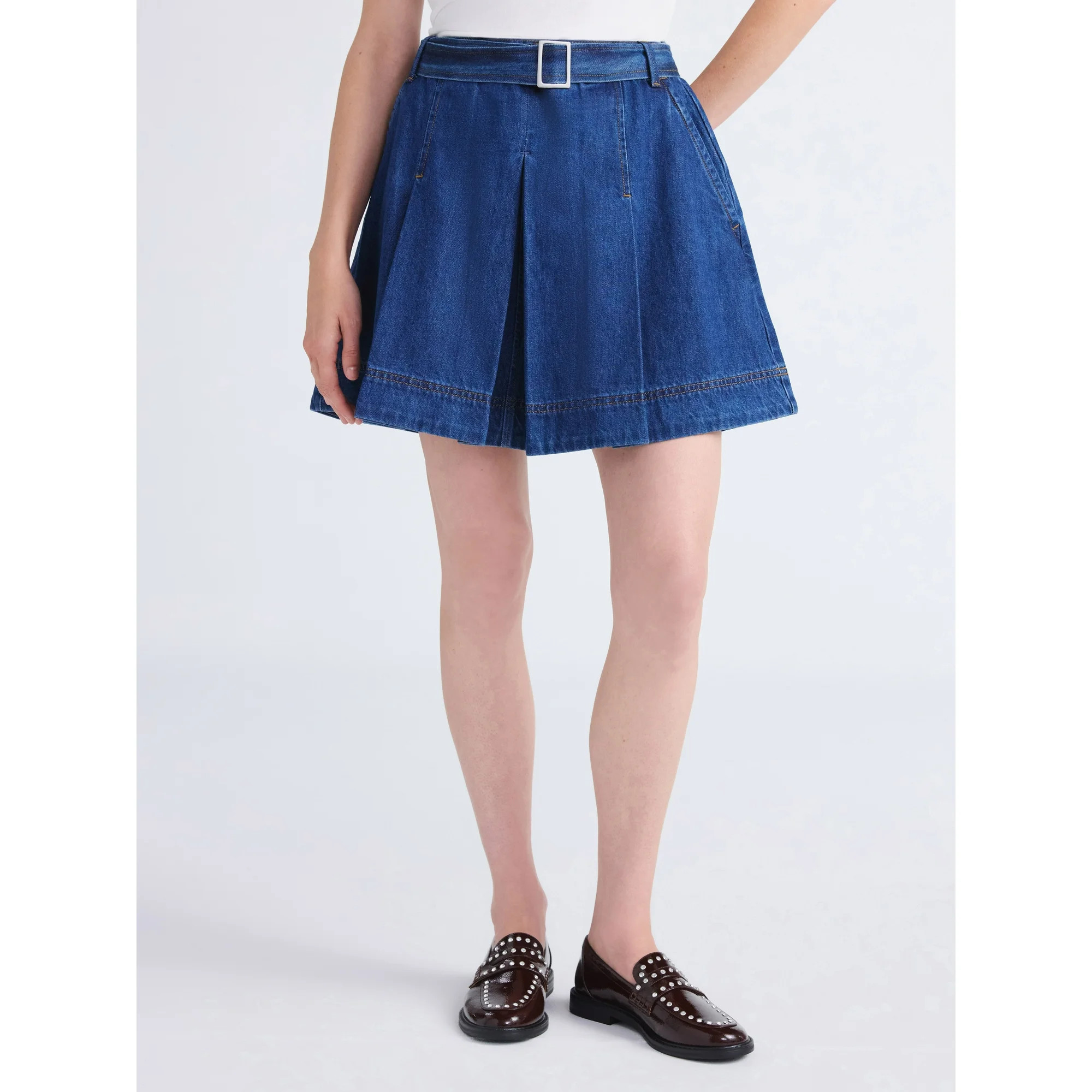 Free Assembly Women's Pleated Denim Mini Skirt with Belt, Sizes 0-20 | Walmart (US)