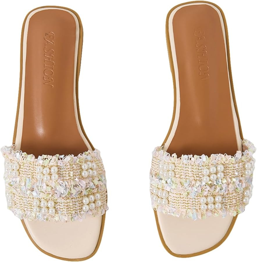 Women's Pearls Chain Flat Sandals Dressy Open Toe Slip On Flats Summer Casual Outdoor Slide Sanda... | Amazon (US)