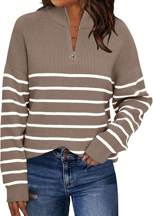 LILLUSORY Women's Quarter Zip Striped Oversized Collar Pullover Sweater Knit Warm Clothes for Win... | Amazon (US)