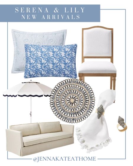 Serena and Lily new arrivals, including throw pillows, shams, dining room table chairs, outdoor umbrellas, sofas, napkin rings, plate, chargers, and more coastal style home decor

#LTKFamily #LTKHome