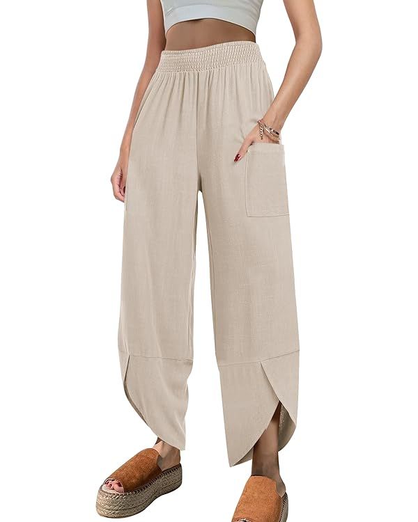 Caracilia Women Casual Linen High Waisted Wide Leg Baggy Palazzo Capri Pants Summer 2024 Trendy O... | Amazon (US)