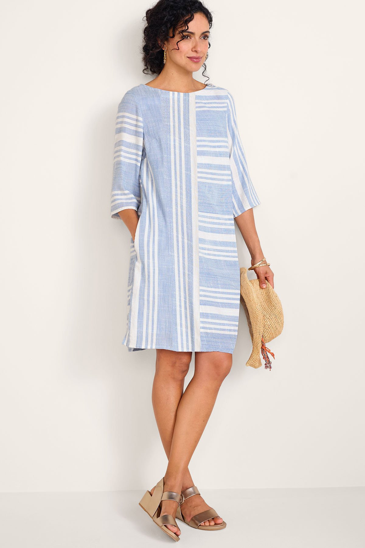Breezy Striped 3/4 Slv Short Dress | Soft Surroundings