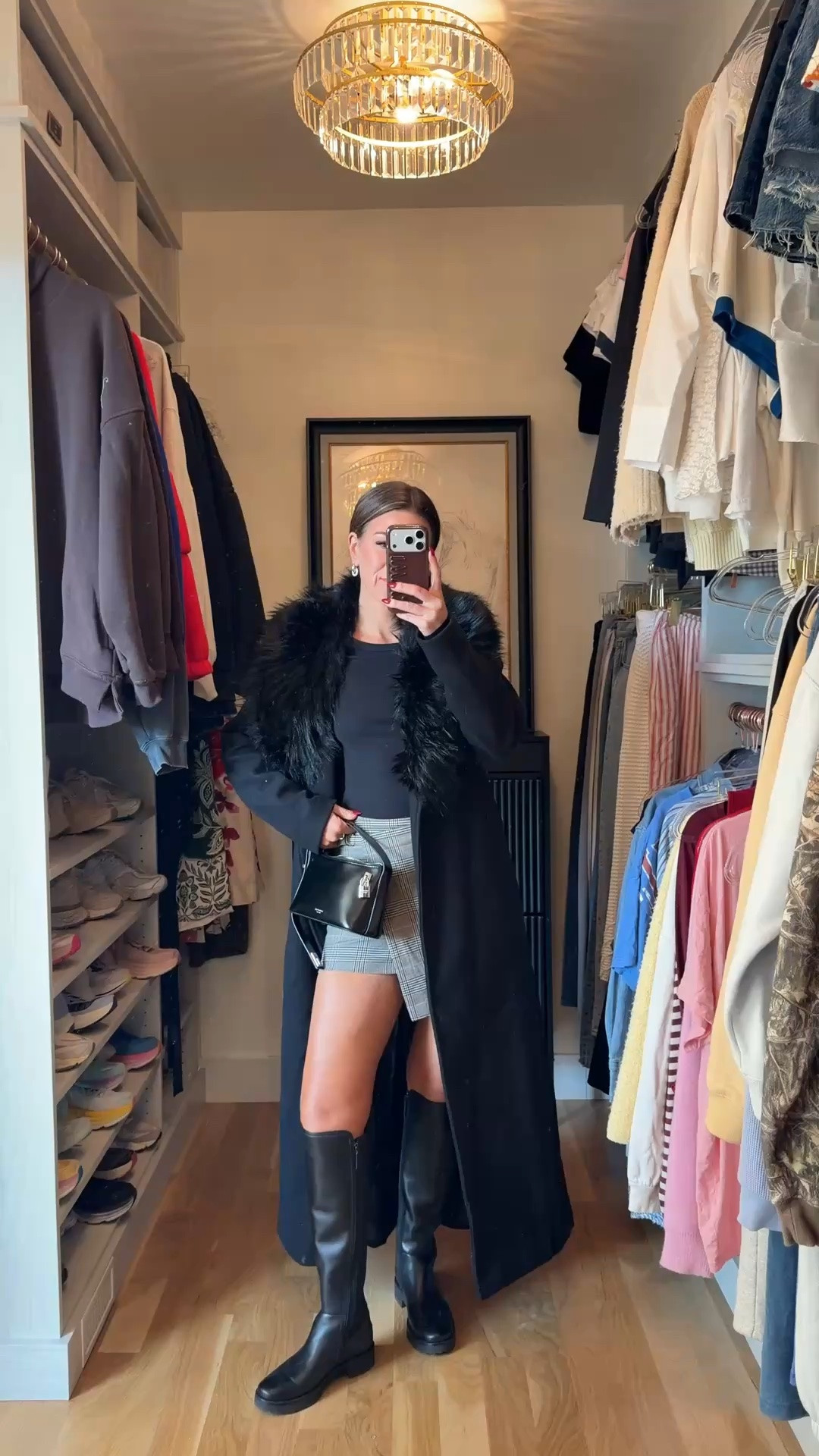 old navy mini wrap skirt for $28 with online discount styled with black long wool-style coat with a faux fur collar, worn over a black ribbed long-sleeve top, and black knee-high lug-sole boots 🫶🏻

Sizing: i'm 5'4" and typically wear a small/2
xs petite skirt  

vici: emerson40
Revolve code: tulip

Fall transitional, Fall event, Workwear, wrap skirt, Chunky sweater, Mesh top, oversized sweatshirt, faux fur jacket, black boots, suede boots, leather boots, brown boots