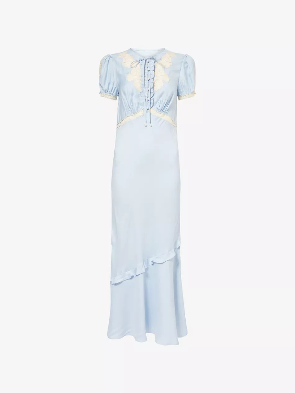 Puff-Sleeve Lace-Insert Satin Midi Dress | Selfridges