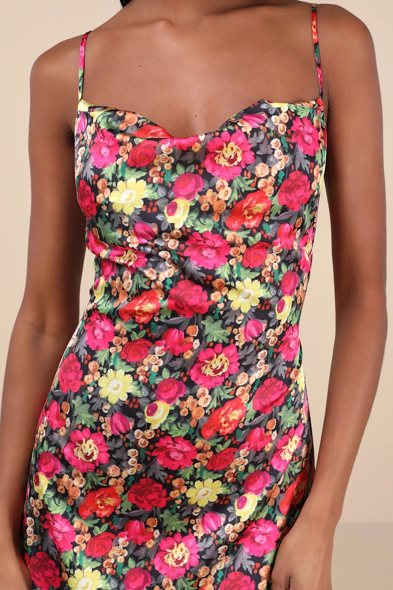 Favorite Icon Black Multi Floral Satin Cowl Neck Slip Midi Dress | Lulus
