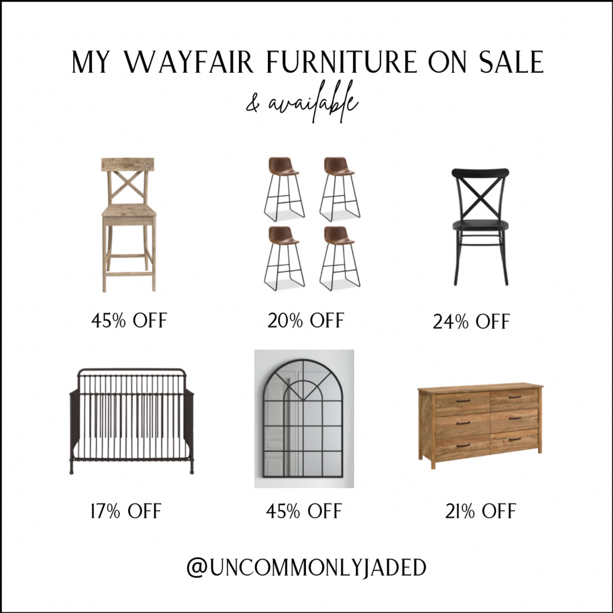 S A L E / my wayfair furniture on sale & available now
+ solid wood counter stools
+ set of 4 whiskey brown counter stools
+ set of 2 black metal dining chairs
+ vintage iron 4-in-1 crib
+ black metal mirror
+ double drawer dresser

farmhouse | kitchen | nursery 

early way day deals 

#LTKhome #LTKsalealert #LTKbaby