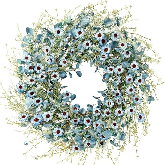 Sggvecsy Blue Daisy Wreath 24 Inch Spring Summer Fake Silk Floral Wreath with Green Eucalyptus Le... | Amazon (US)