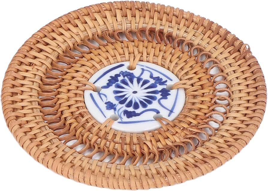 Blue and White Porcelain Rattan Coaster, Keep Round Coaster Beautiful for Rattan Cups(10cm) | Amazon (US)