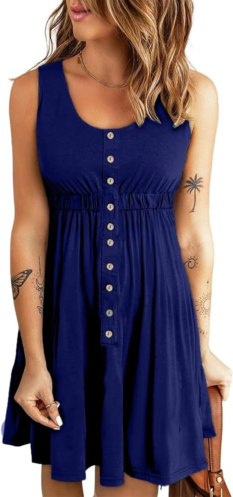 Acelitt Women Summer Casual Sleeveless Button Down Elastic Waist Swing Dresses, XS-2XL | Amazon (US)