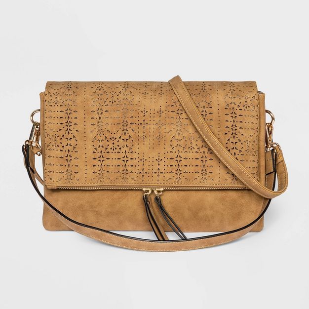 VR NYC Mosaic Design Laser Cut Fold Over Double Compartment Crossbody Bag - Brown | Target