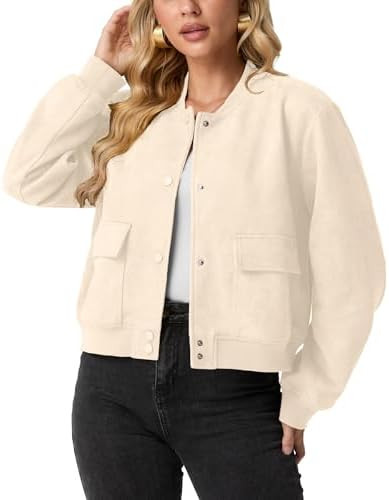 GRECERELLE Womens Faux Suede Leather Bomber Jacket Cropped Button Down Long Sleeve Casual Varsity... | Amazon (US)