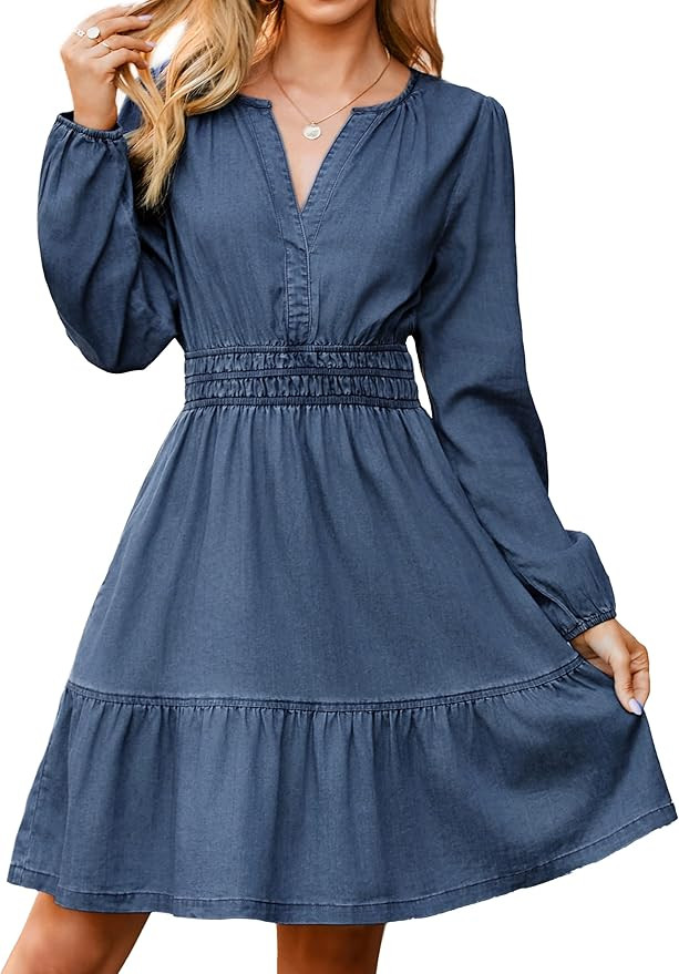 Simplee Womens Fall Denim Dress Casual Long Sleeve V Neck Empire Waist Ruffle A Line Flowy Short ... | Amazon (US)